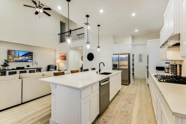 kitchen with light wood-style flooring, under cabinet range hood, a sink, open floor plan, and appliances with stainless steel finishes