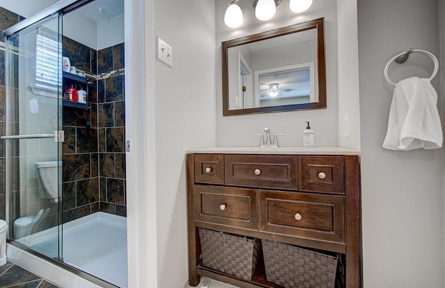 bathroom with toilet, a shower stall, and vanity