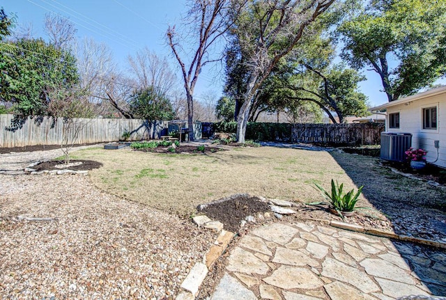 view of yard with a fenced backyard and central AC