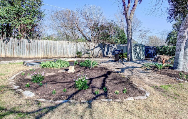 view of yard featuring a fenced backyard, an outdoor structure, and a storage shed