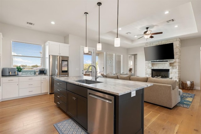 kitchen featuring stainless steel appliances, a tray ceiling, visible vents, and a sink