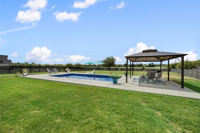 view of swimming pool featuring a fenced in pool, a fenced backyard, a yard, a gazebo, and a patio area