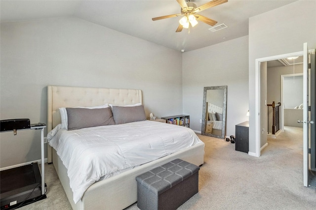 bedroom with lofted ceiling, carpet flooring, visible vents, baseboards, and attic access