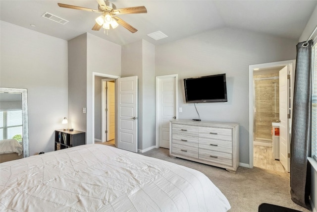 bedroom featuring lofted ceiling, visible vents, a ceiling fan, carpet flooring, and baseboards