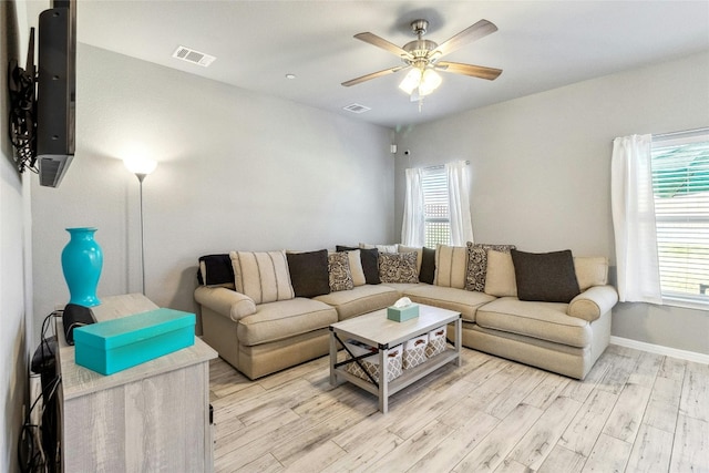 living room featuring visible vents, ceiling fan, light wood-style flooring, and baseboards