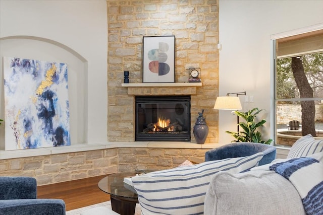 living room with a fireplace and wood finished floors