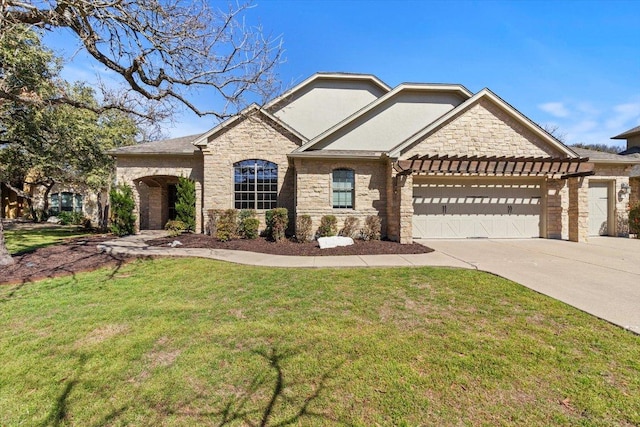 view of front of house with an attached garage, driveway, stone siding, stucco siding, and a front yard