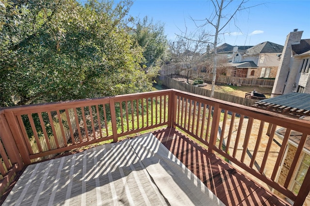 deck with a fenced backyard and a residential view