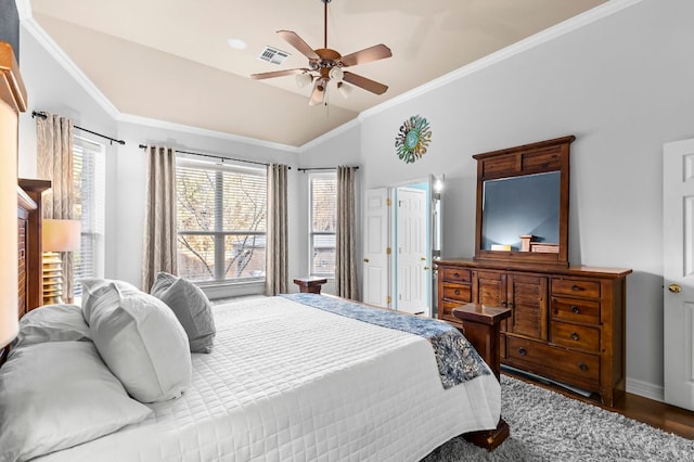 5312 Fort Benton Dr, Austin, TX 78735 - bedroom with lofted ceiling, wood finished floors, ornamental molding, baseboards, and ceiling fan