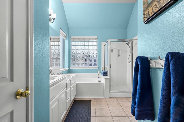 5312 Fort Benton Dr, Austin, TX 78735 - full bath featuring a textured wall, a bath, tile patterned floors, a stall shower, and vanity