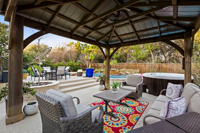 5312 Fort Benton Dr, Austin, TX 78735 - fenced backyard with a hot tub, outdoor dining space, a patio, and a gazebo