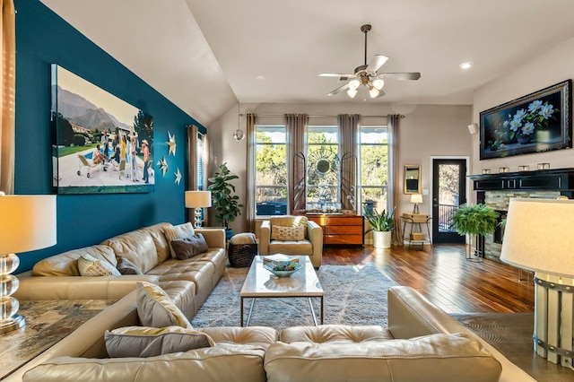 5312 Fort Benton Dr, Austin, TX 78735 - living room featuring hardwood / wood-style floors, a ceiling fan, vaulted ceiling, and recessed lighting