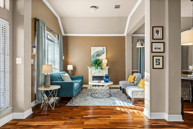 5312 Fort Benton Dr, Austin, TX 78735 - living area featuring wood finished floors, baseboards, vaulted ceiling, and crown molding