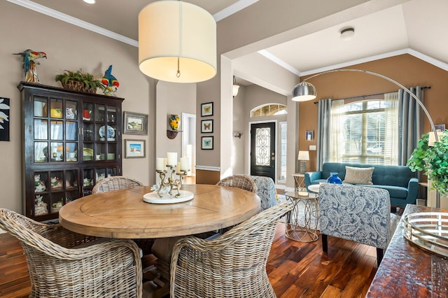 5312 Fort Benton Dr, Austin, TX 78735 - dining area with dark wood-type flooring, ornamental molding, baseboards, and vaulted ceiling