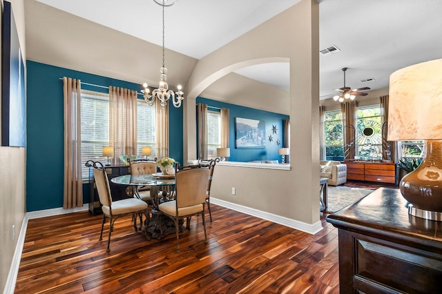 5312 Fort Benton Dr, Austin, TX 78735 - dining area featuring wood finished floors, baseboards, a ceiling fan, arched walkways, and lofted ceiling