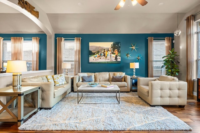 5312 Fort Benton Dr, Austin, TX 78735 - living room with hardwood / wood-style floors and ceiling fan