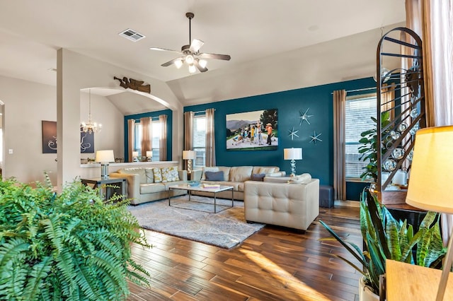5312 Fort Benton Dr, Austin, TX 78735 - living area with ceiling fan, healthy amount of natural light, hardwood / wood-style floors, and vaulted ceiling