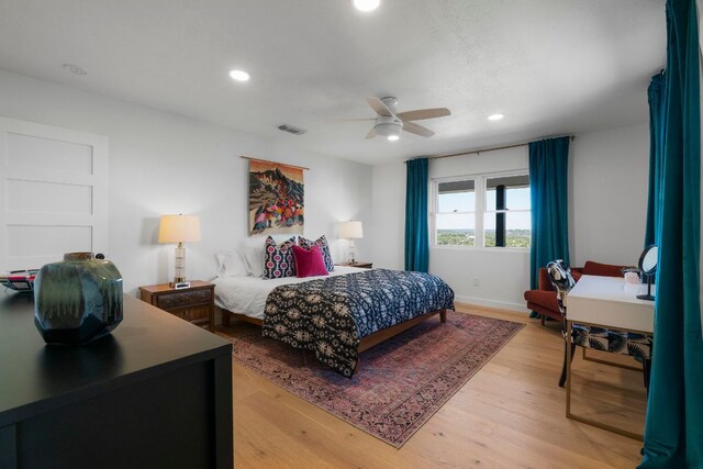 200 Hilltop Dr, Dripping Springs, TX 78620 - bedroom featuring recessed lighting, light wood-style floors, a desk, and ceiling fan