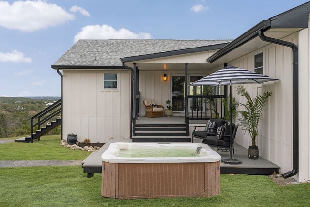 200 Hilltop Dr, Dripping Springs, TX 78620 - rear view of house with stairway, a yard, a shingled roof, and a hot tub