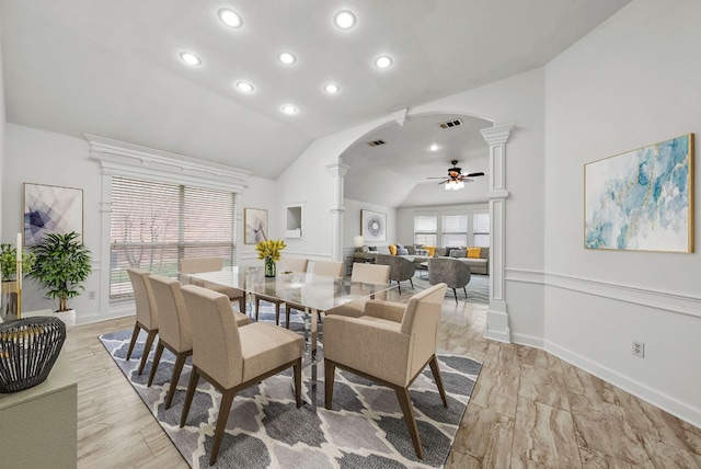 701 Portchester Castle Path, Pflugerville, TX 78660 - dining area featuring ornate columns, ceiling fan, arched walkways, recessed lighting, and lofted ceiling