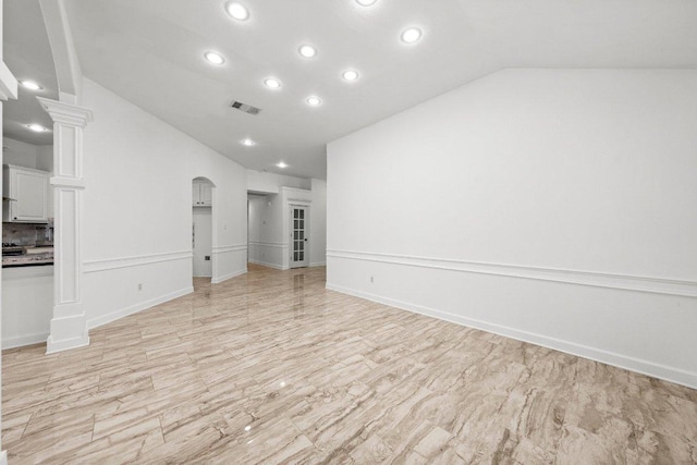 701 Portchester Castle Path, Pflugerville, TX 78660 - unfurnished living room featuring lofted ceiling and recessed lighting