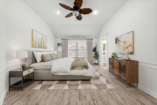 701 Portchester Castle Path, Pflugerville, TX 78660 - bedroom with lofted ceiling, baseboards, a ceiling fan, recessed lighting, and connected bathroom