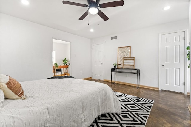 bedroom with finished concrete flooring, baseboards, visible vents, a ceiling fan, and recessed lighting