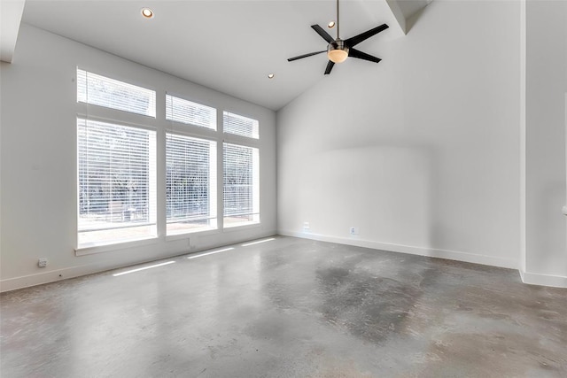 14805 Foy Dr, Austin, TX 78734 - unfurnished room featuring concrete floors, high vaulted ceiling, recessed lighting, and a ceiling fan
