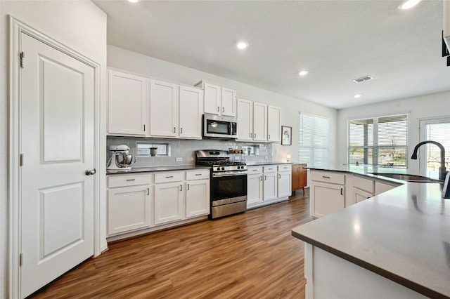 kitchen featuring tasteful backsplash, appliances with stainless steel finishes, white cabinetry, a sink, and wood finished floors