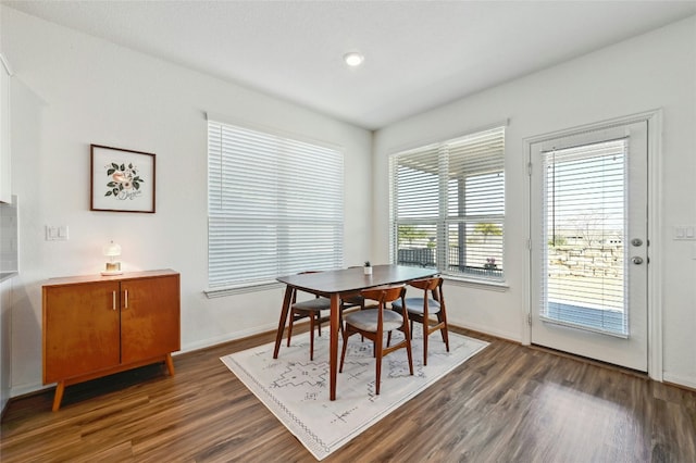 dining room featuring dark wood finished floors and baseboards