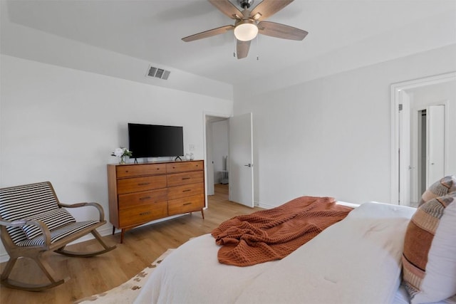 bedroom with a ceiling fan, light wood-type flooring, and visible vents