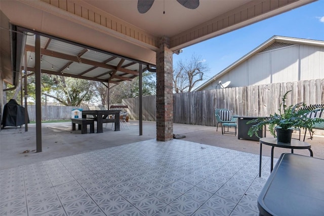 view of patio / terrace with a ceiling fan, outdoor dining space, and a fenced backyard