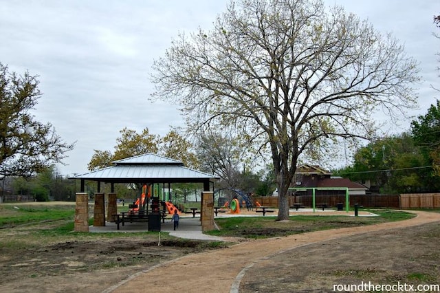 view of community featuring playground community and fence