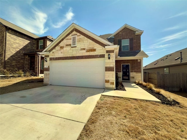 traditional-style home with an attached garage, stone siding, fence, and concrete driveway