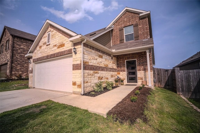 171 Longstraw Dr, Buda, TX 78610 - view of front facade featuring stone siding, driveway, a garage, and brick siding