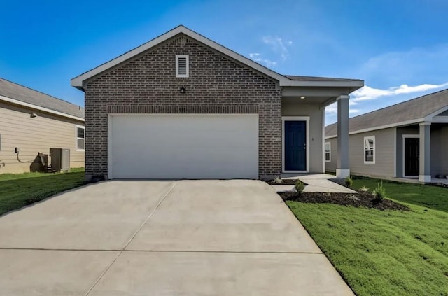 view of front of house featuring a front lawn, concrete driveway, brick siding, and an attached garage