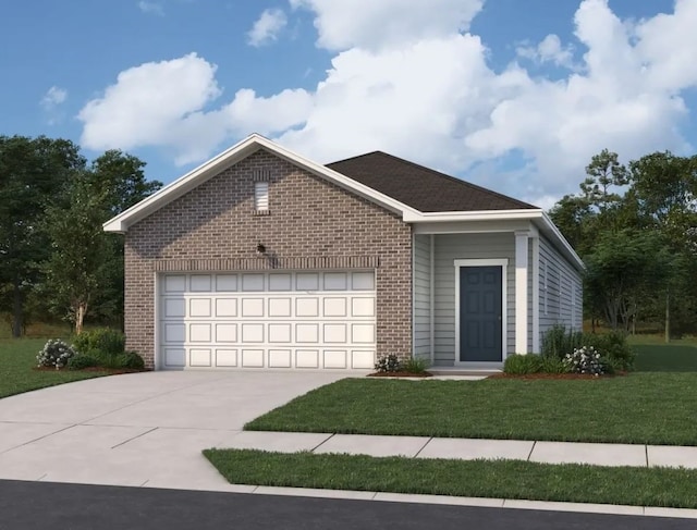 single story home featuring driveway, an attached garage, a front yard, and brick siding