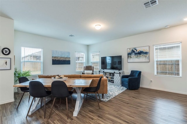 dining area with wood finished floors, visible vents, and baseboards