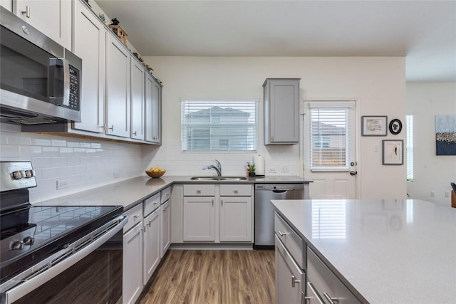 kitchen with dark wood-style flooring, tasteful backsplash, gray cabinets, appliances with stainless steel finishes, and a sink