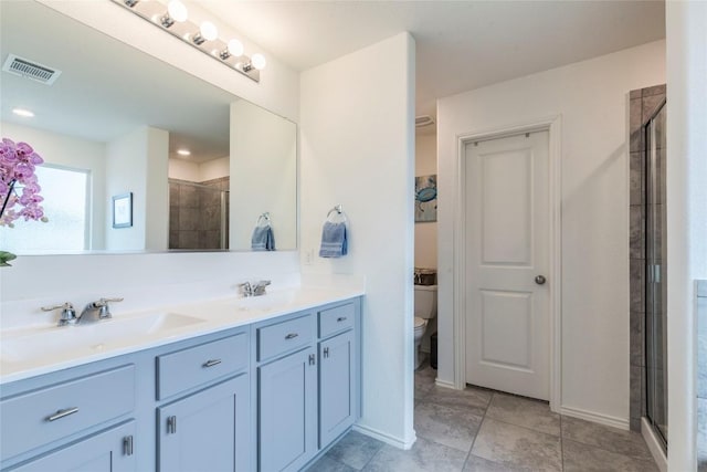 full bath with double vanity, visible vents, toilet, a stall shower, and a sink