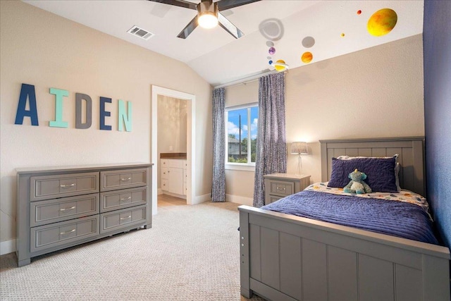 bedroom with ceiling fan, light carpet, visible vents, baseboards, and vaulted ceiling