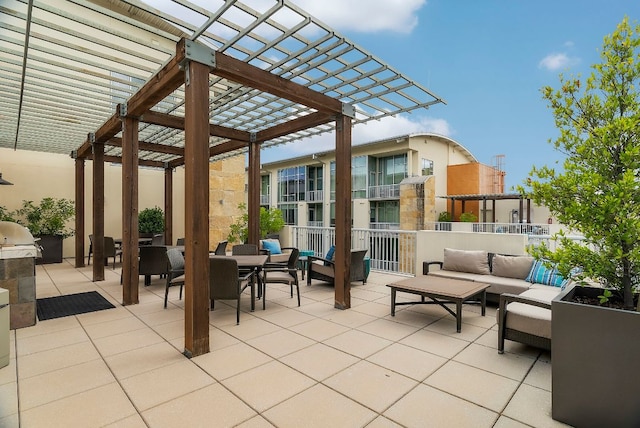 view of patio / terrace with an outdoor living space and a pergola