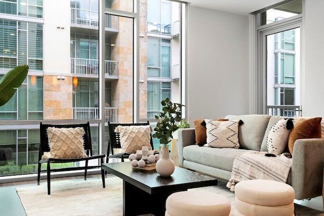 living area with a wall of windows
