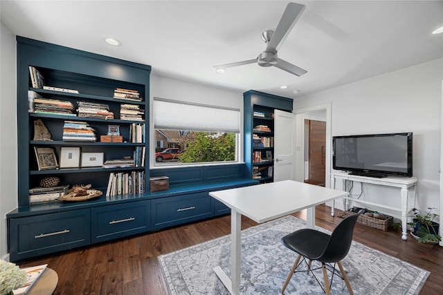 office featuring dark wood-style flooring, a ceiling fan, and recessed lighting