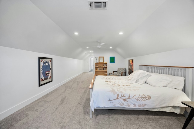 bedroom with baseboards, visible vents, vaulted ceiling, and carpet flooring