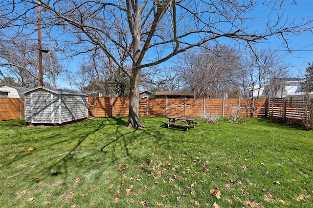 view of yard with an outbuilding, a storage unit, and a fenced backyard