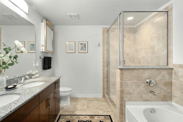 bathroom with a garden tub, toilet, a sink, visible vents, and a shower stall