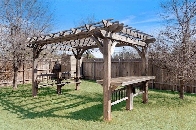 view of yard with a fenced backyard and a pergola