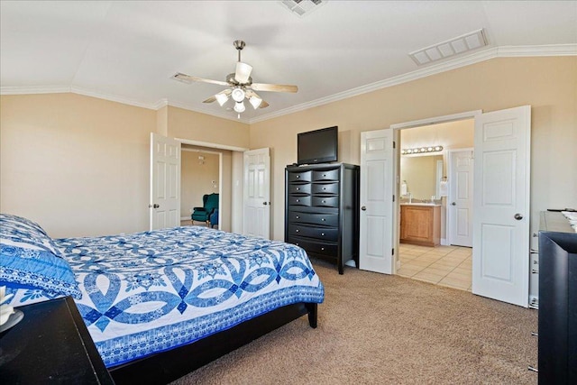 bedroom with crown molding, visible vents, vaulted ceiling, and light carpet