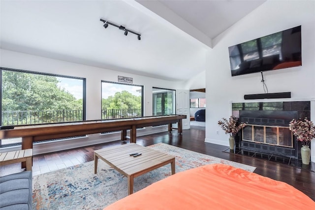 living area with lofted ceiling, a tiled fireplace, and wood finished floors